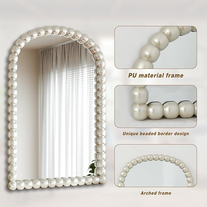 24"×36" Silver Arched Bathroom Vanity Mirror, Vintage Beaded Decorative Wall Mounted Makeup Mirror, as Wall Decor Hanging Leaning for Fireplace Mantle, Living Room, Bedroom, Vanity Area