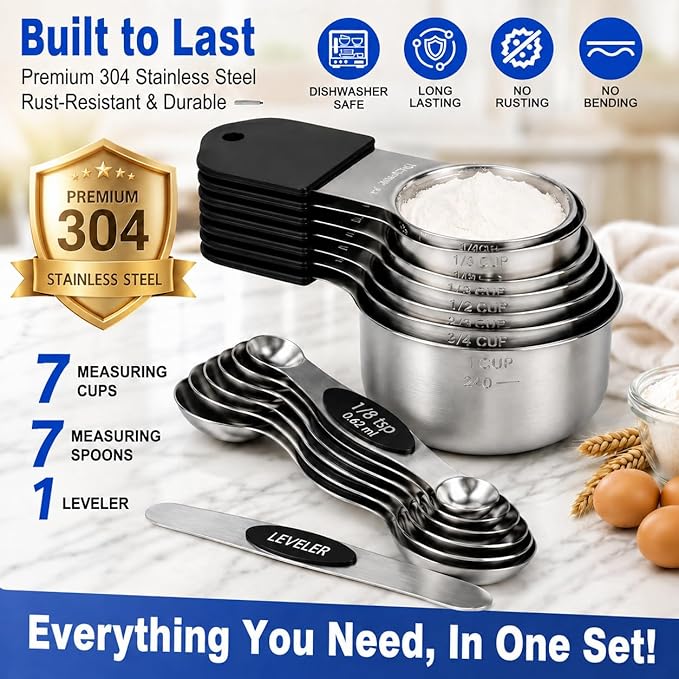 Magnetic Measuring Cups & Spoons Set, Strong N52 Magnets, Heavy Duty 304 Stainless Steel Fits in Spice Jars for Baking & Cooking, BPA Free, Round Set of 15 with Leveler,Dark Black