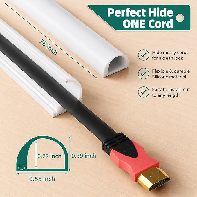 Cord Hider Raceway Kit, 78 inch Wall Cable Hider for 1 Cable, Silicone Material Hiding Wall Mount TV Powers Cords in Home Office, W0.59 H0.39in White