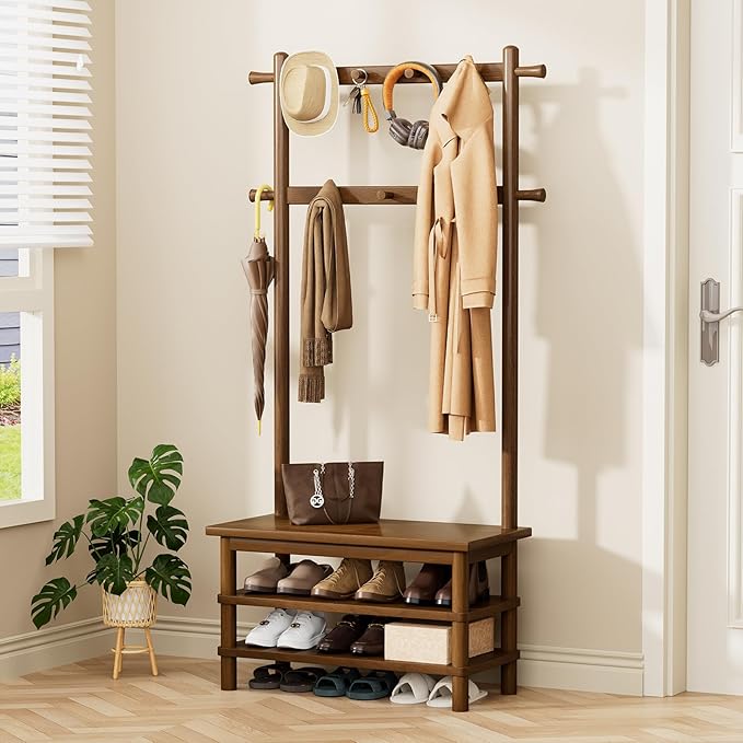 Hall Tree, 3-in-1 Entryway Bench with Coat Rack, 11 Hooks and 2-Tier Hall Tree with Shoe Storage Bench, Solid Wood Coat Rack Freestanding, 27.2" Long