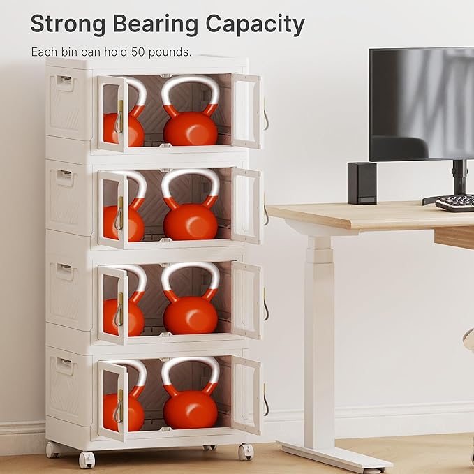 UAMFURI Stackable Storage Bins with Lids, Clear Doors, Large Storage Cabinet Foldable Collapsible Closet Organizers for Bedroom Dorm Office (4, White, 48, Quarts)