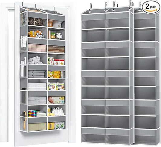 2 Pack 5-Tier Over The Door Organizer with 10 Side Mesh Pockets & Clear Windows, 80 lbs Weight Capacity Hanging Storage for Bathroom, Bedroom, Nursery, Kitchen, Organize Shoes, Diapers(Grey)