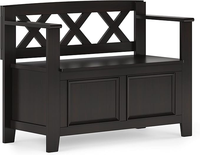 SIMPLIHOME Amherst Entryway Storage Bench - 36 inch Wide Solid Wood Hallway Bench in Hickory Brown, Transitional Bench for Entry or Mudroom with Lift-Up Lid, Storage Compartments and X-Back Detail