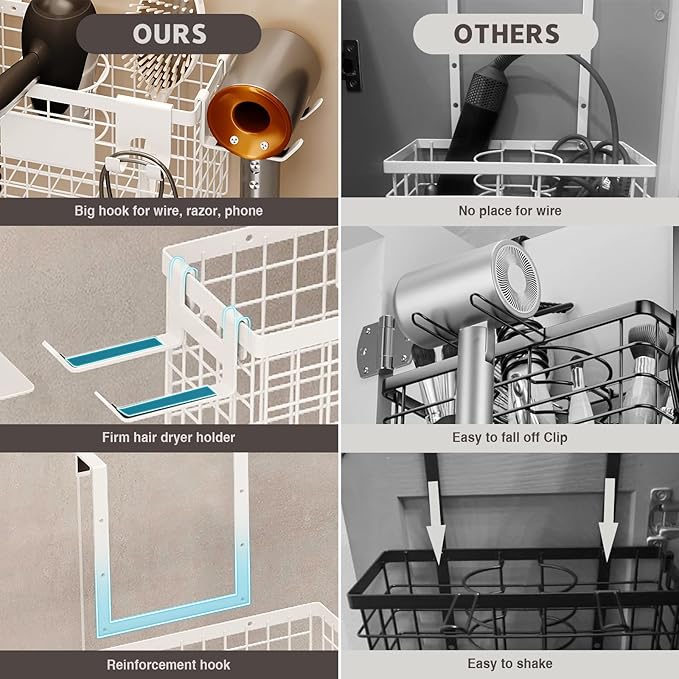 Magheo 2 Pack Hair Tool Organizer,Adhesive Hair Dryer Holder Cabinet Door/Wall Mounted Adjustable Height Blow Dryer Holder Under Sink Bathroom Hair Appliance Organizer and Storage Countertop(White)