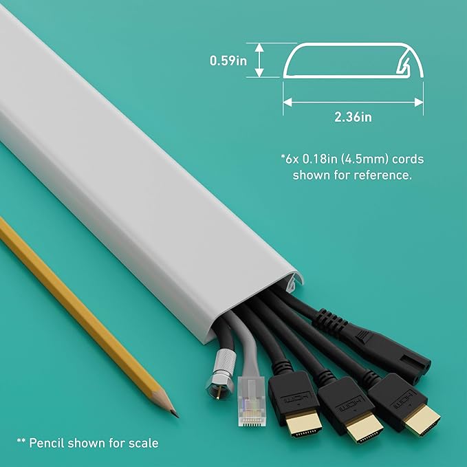 D-Line TV Wall Mount Cord Hider, Hide Mounted TV Cables, Wire Covers, Self Adhesive Cover for Cords, Paintable, Low Profile, Seamless Cable Raceway - 2.36in W x 0.59in H x 15.7in L - White