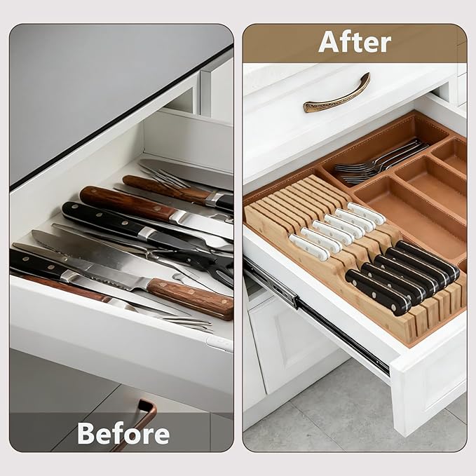 Knife Drawer Organizer, Bamboo In-Drawer Knife Block Organizer Kitchen Steak Knives Holder Organizer for Drawer, 11 Knives Slots (11 Knives Slots)