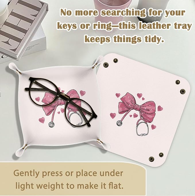 Nurse Gifts for Women,Nurse Graduation Gifts,Pink Bow Nursing Gift for Student or Practitioner PU Leather Catchall Tray,Jewelry, Keys, Watch, and Accessories Organizer 7.87x7.87in