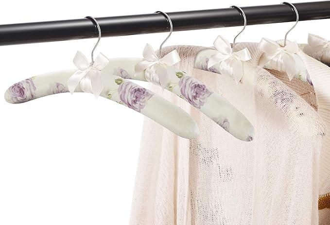 Satin Padded Hangers for Women Clothing - Floral Sweater Hangers No Bump - Padded Coat Hanger for Wedding - Thick Foam Silk Clothes Hanger for Adult (Pack of 5)