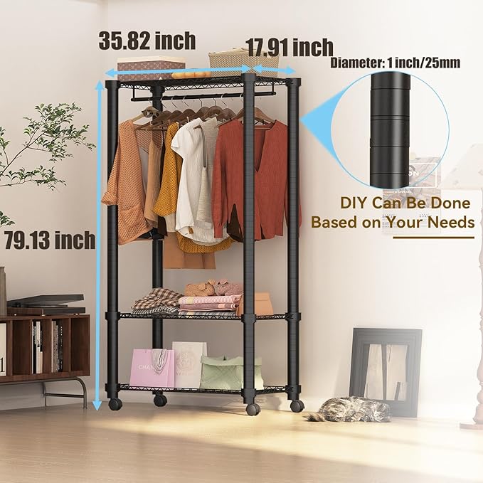 Moogiitools Heavy Duty Rolling Garment Rack 3 Tiers Adjustable with 25mm thick iron pipe,Freestanding Wardrobe Closet Storage Metal for Clothing Hanging （Set of 4 Brake Caster Wheels Included)