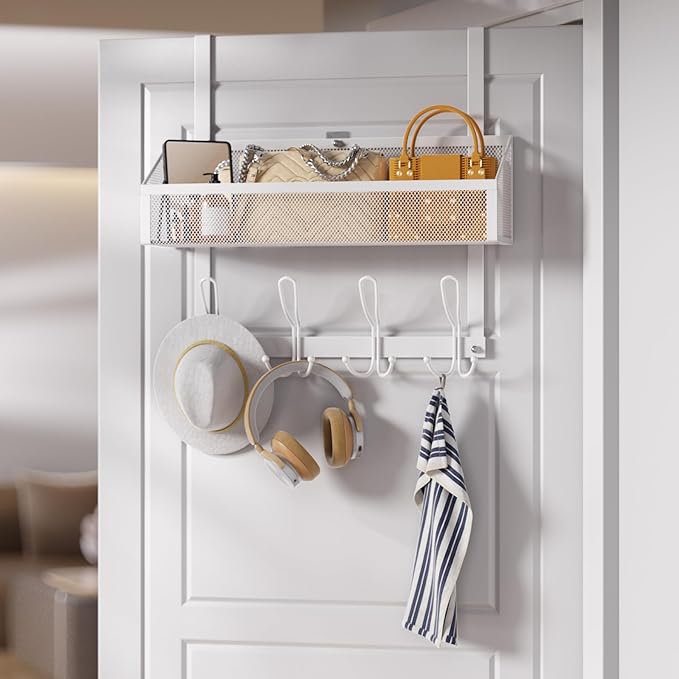 Over Door Hook Organizer, 12 Hook Over The Door Organizer with Mesh Basket - Back of Door Storage Towel Rack Space Saving Storage Organizer for Bedroom, Bathroom, Kitchen, Pantry, White