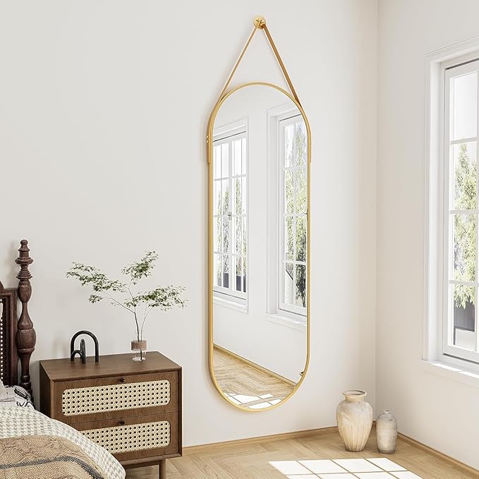 48"x16" Hanging Mirror with Leather Strap,Oval Full Length Mirror with Aluminum Frame Wall-Mounted Hanging Mirrors for Bathroom Vanity Living Room Bedroom Entryway Decor, Gold