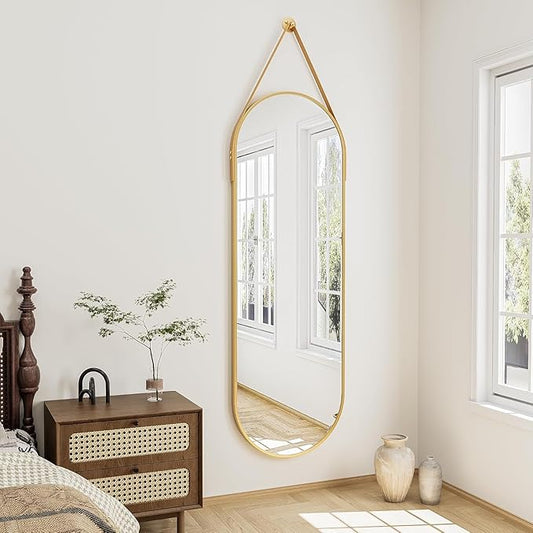 48"x16" Hanging Mirror with Leather Strap,Oval Full Length Mirror with Aluminum Frame Wall-Mounted Hanging Mirrors for Bathroom Vanity Living Room Bedroom Entryway Decor, Gold