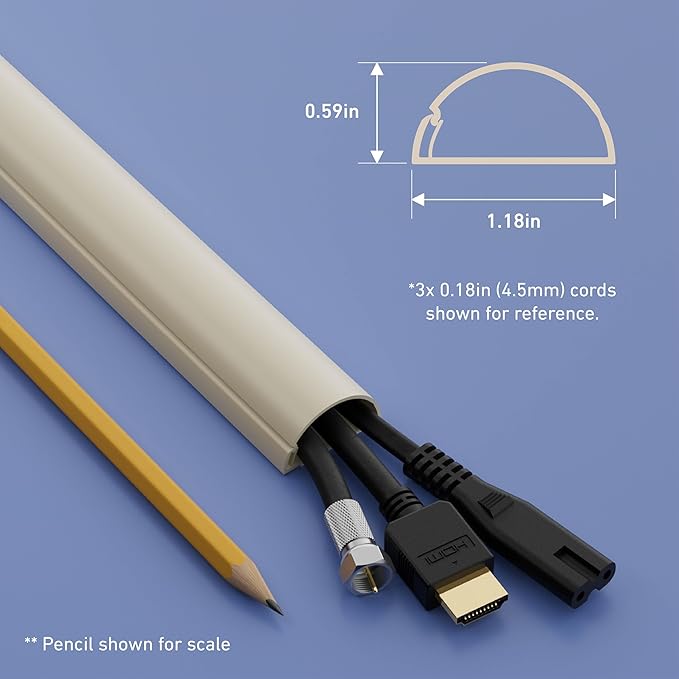 D-Line 15.7in TV Cord Hider, Patented Half Round Cable Cover, Hide Wall Mount TV Wires, Hinged One-Piece Cable Concealer, Adhesive, Decorative Raceway - 1.18in W x 0.59in H x 15.7in L - Beige