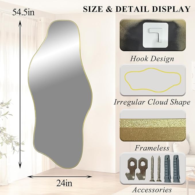 Irregular Wall Mirror, 54.5"x24" Asymmetrical Tempered Glass Mirror, Large Organic Shape Frameless Mirrors for Living Room Bedroom Hallway Entryway, Horizontal or Vertical Hanging