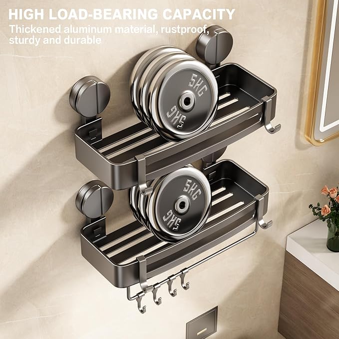 VOLPONE Shower Caddy Suction Cup, Corner Shower Shelves No Drilling, Showers Organizer Storage with Towel Bar & Removable Hooks, Bathroom Shower Shelf Rack for Inside Showers, Square