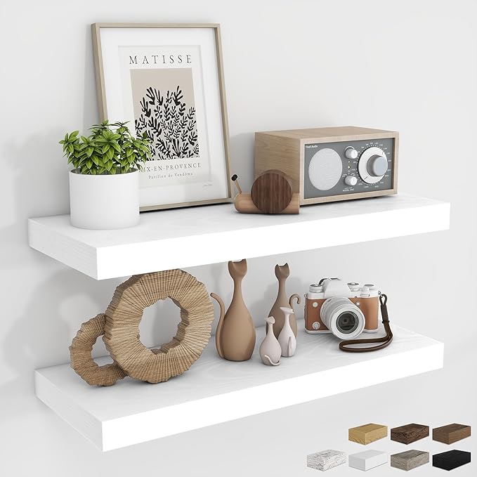 RICHFOCUS 28Inch Floating Shelves for Wall 2 Pack Shelves for Bedroom|Kitchen|Bathroom|Laundry Room Rustic Wood Wall Mounted Shelf with Invisible Brackets for Books|Storage|Decor, White