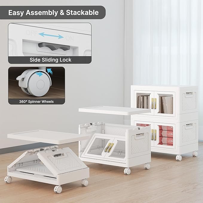 UAMFURI Stackable Storage Bins with Lids, Clear Doors, Large Storage Cabinet Foldable Collapsible Closet Organizers for Bedroom Dorm Office (2, White, 48, Quarts)