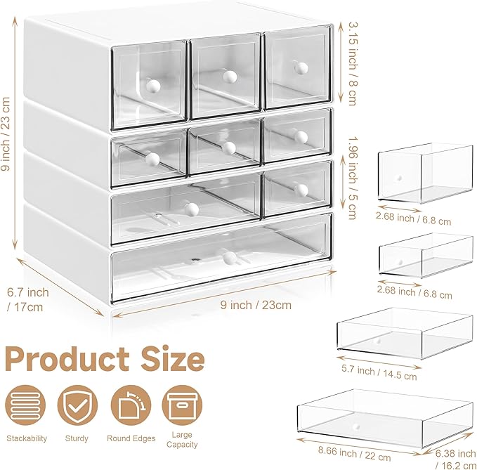 Desk Organizer with 9 Drawers, 4 Tiers Stackable Storage Drawers, Desktop Storage Box with Clear Drawers for Stationery, Makeup, Jewelry, Office and Craft Supplies (White)