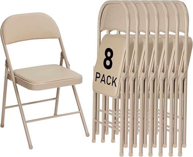 8 Pack Khaki Folding Chairs with Padded Cushion and Back for Outside Portable Stackable Commercial Foldable Chairs with Steel Frame for Events Office Wedding Party, 350lbs Capacity
