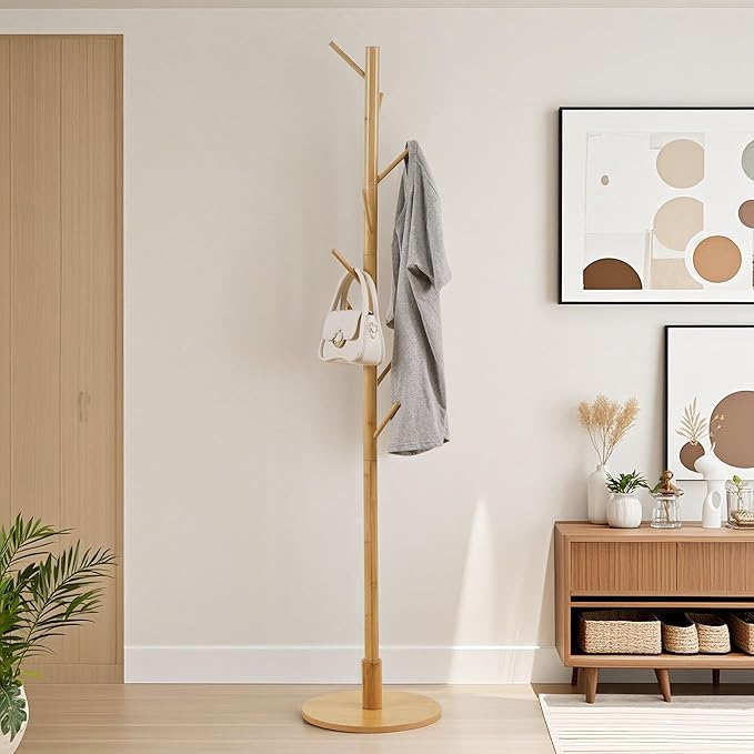 VECELO Coat Rack Freestanding, Entryway Hanger Stand, Umbrella Holder, Hall Tree With Hooks, Floor Standing Metal Tree Stand,Light Wood