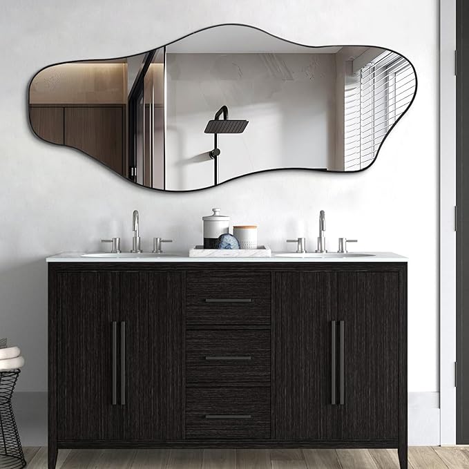 Large Irregular Mirror, 54.5"x24" Asymmetrical Tempered Glass Mirror, Modern Abstract Frameless Mirrors for Living Room Bedroom Hallway Entryway, Hangs Vertically or Horizontally