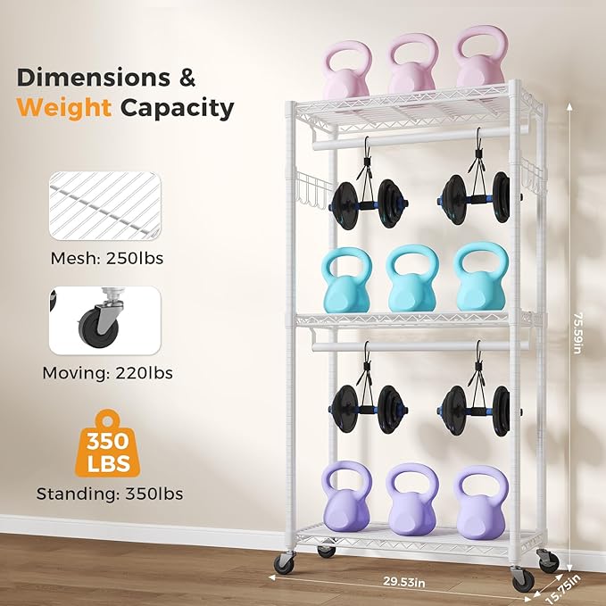 OLIXIS Clothes Rack Heavy Duty Adjustable Garment Clothing Rack with Wheels, Rolling Metal Freestanding Closet Organizer for Hanging Clothes with 2 Side Hooks, Double Rods, 29" x 15" x 75", White