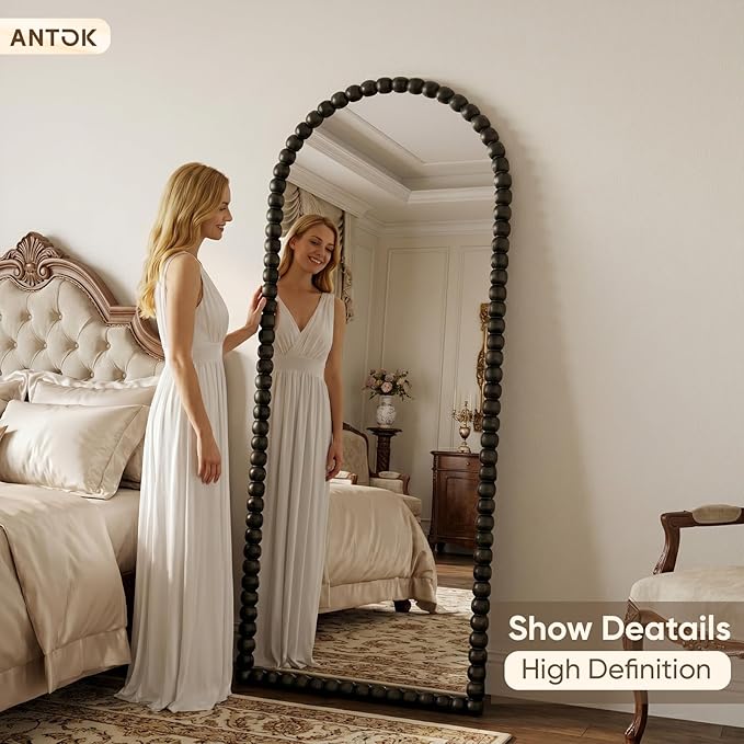 Antok 58" x 21" Arched Full Length Mirror, Antique Beaded Frame Floor Standing or Wall Mounted Mirror with Stand for Bedroom, Entryway, Black, Luxury Style