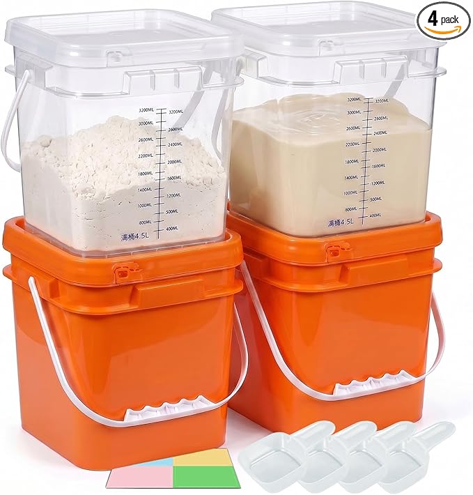 DEMORA 1Gallon Food Grade Square Plastic Bucket with Lid, Clear Airtight Storage Container, Reusable Pail for Kitchen Food Water Ice Cream Household Use 4Pcs (2 Orange+2 Transparent)