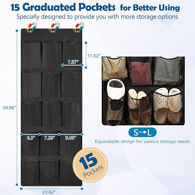 Over The Door Cruise Ship Organizer - Cruise Ship Magnetic Door Organizer with 15 Size-Graded Pockets, Hanging Magnetic Cruise Storage Shoe Rack for Cabin, 2026 Cruise Essential, 9 Hooks(Black)