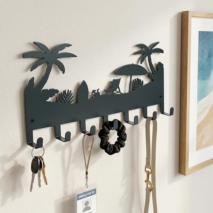 Metal Key Holder Wall Mount, Coastal Tropical Key Rack Hooks, Beach Palm Tree Sunset Wall Art Organizer for Entryway, Kitchen, Hallway, Garage, Farmhouse Home Decor & Housewarming Gift(Coconut Tree)