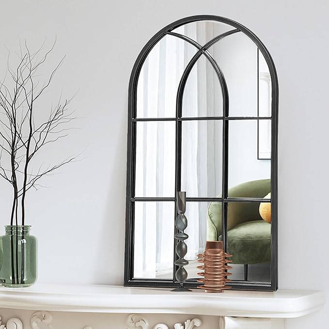 Dewfig Arched Window Wall Mirror, 42"x24", Decorative Mirror, Vanity Mirrors for Bathroom, Bedroom, Entryway, Living Room, Window Pane or Farmhouse Mirrors for Wall Decor, Metal Frame, Black
