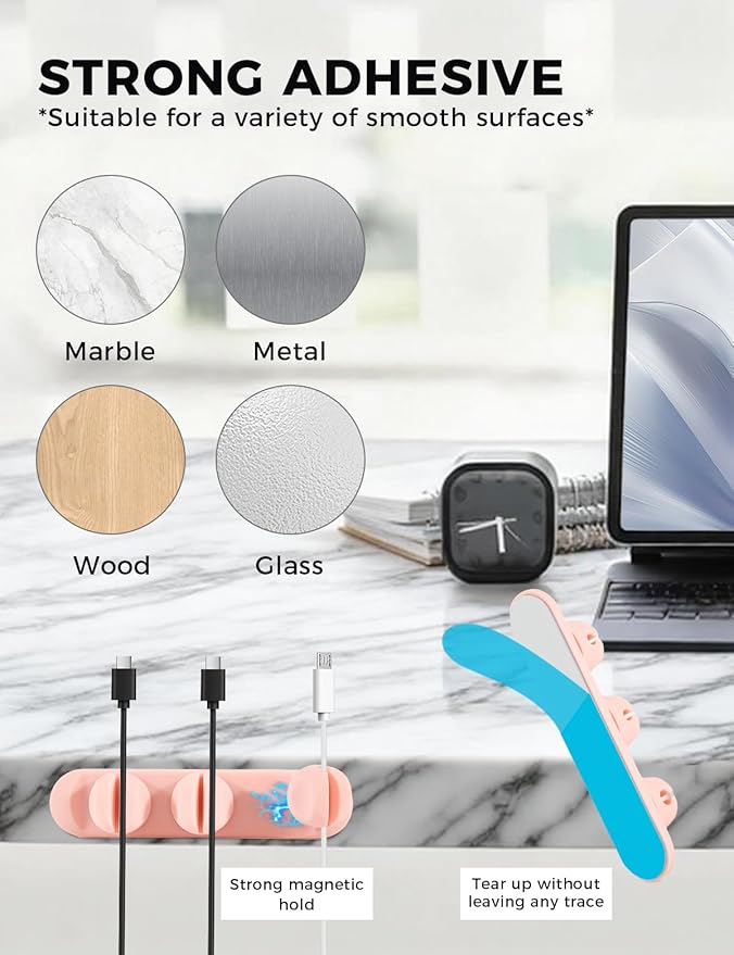 Magnetic Silicone Cable Clips with No-Residue Strong Adhesive – Desk, Under-Desk, Nightstand, Wall, Car, Office & Home Cord Organizer for Cable Management - Pink