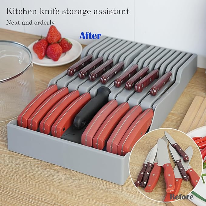 Drawer Knife Organizer, Kitchen Plastic Drawer Knife Block Holder Storage Sets for 16 Knives and 1 Sharpening Steel Extra Large Steak Chefs Knives Holder