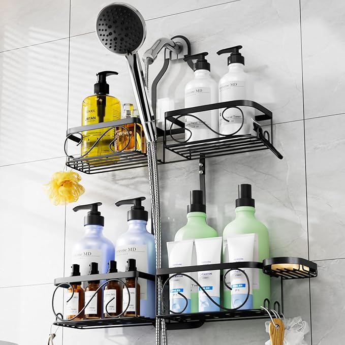 Stainless Steel Shower Caddy Hanging for Handheld Showerheads,Never-Rust Shower Organizer,Large-Capacity Bathroom Organizer Rack with Soap Dish and Hooks for Razor/Sponge,Black