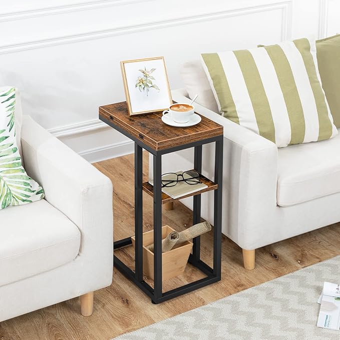 HOOBRO Foldable C Shaped End Table, C Shaped Side Table with Storage Shelf, Small Snack Table, Slide Under Couch Table for Sofa, Living Room Bedroom Small Spaces Easy Assembly, Rustic Brown BF29SF01