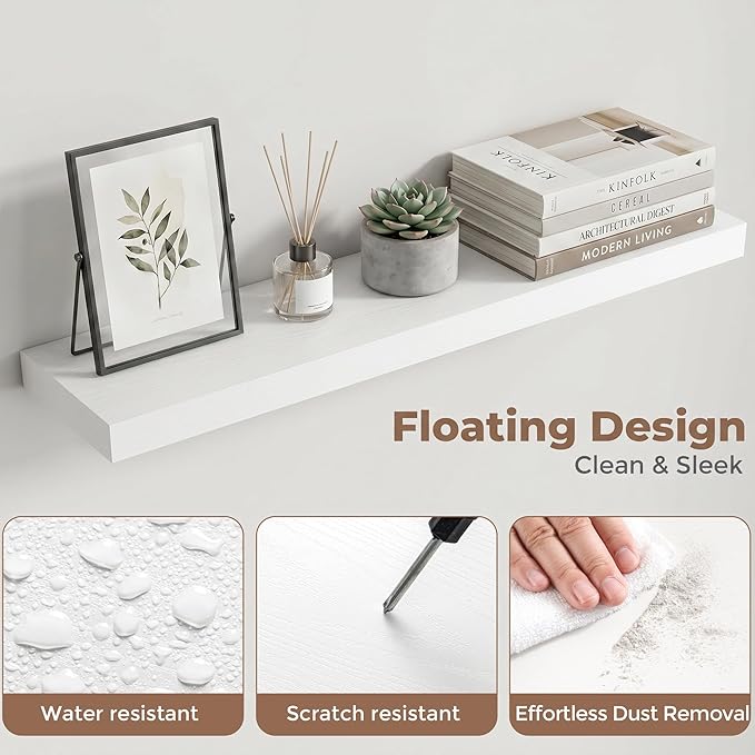 Venusmiles Floating Shelves for Wall, 30 Inch Floating Shelves Set of 2, 6.5" D Wooden Wall Mounted Display Shelves with Invisible Brackets for Living Room, Bedroom, Bathroom, Kitchen Decor, White