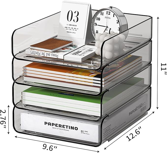 FANXIYQ 4-Tier Acrylic Paper Tray Organizer | Clear Stackable Desk Organizer for Documents, Letters, A4 Paper | Modern Office/Classroom/Home Organization,Brown