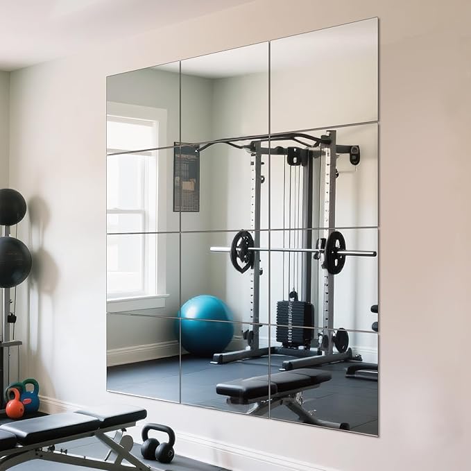Full Length Wall Mirror Tiles, HD Glass Gym Mirror, Set of 12Pcs 12″×16″ Wall Mounted Mirrors for Home Gym, Dance Yoga Studio, Bedroom, Door