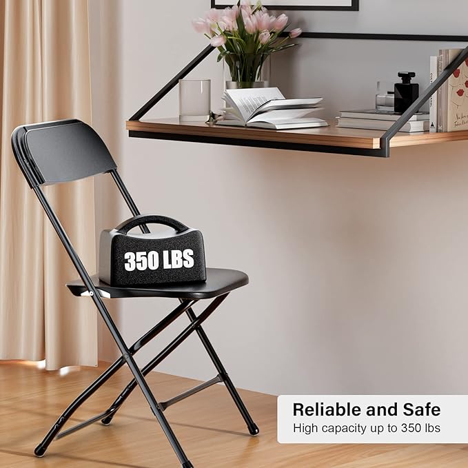 VINGLI Black Plastic Folding Chairs, Set of 2, Heavy-Duty Commercial Seats with Steel Frame, 350 lb Capacity, for Indoor & Outdoor Events, Office, Wedding, Party & Dining (2, Black, S)