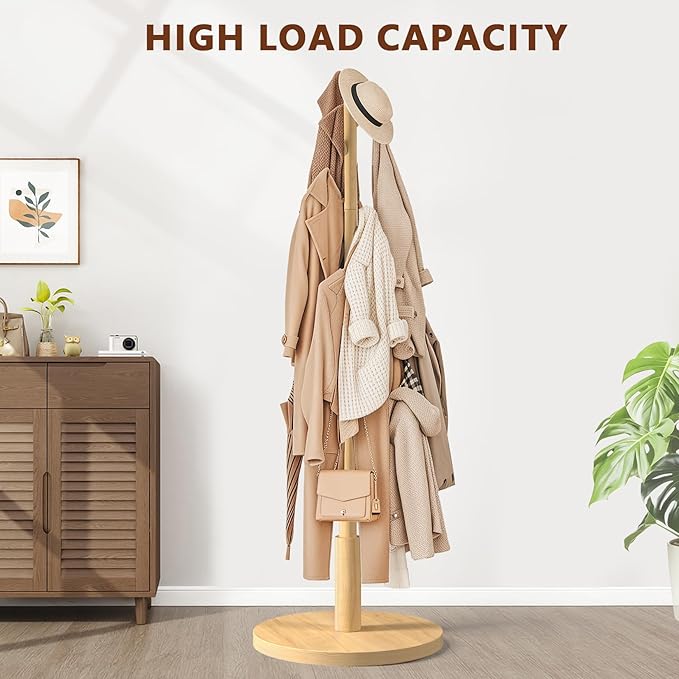 Coat Rack Freestanding Wooden Coat Tree Stand with 8 Round-tip Hooks, 3 Adjustable heights Coat Hat Rack for Entryway,Bedroom,Hallway,Office (Natural)