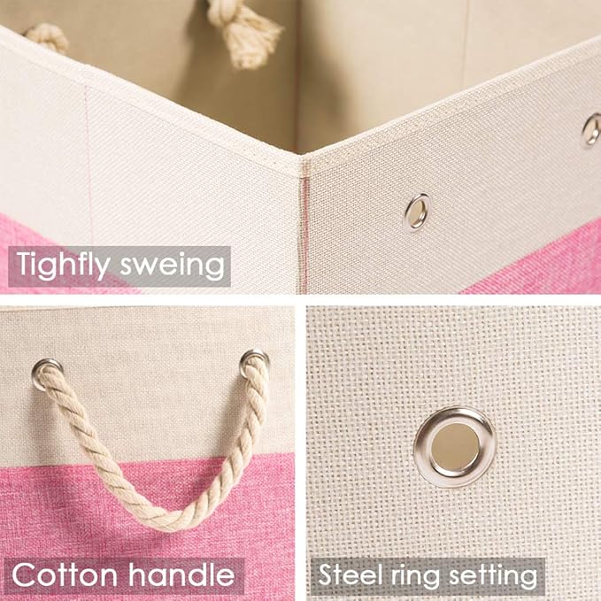 PRANDOM Large Foldable Cube Storage Bins 13x13 inch [2-Pack] Fabric Linen Storage Baskets Cubes Drawer with Cotton Handles Organizer for Shelves Nursery Closet Bedroom Pink