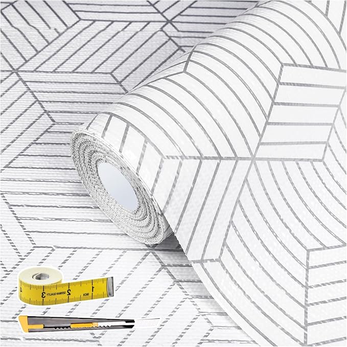 Shelf Liners for Kitchen Cabinets 12in x 20FT, Non Adhesive Cabinet Liner Strong Non-Slip Thickened Silver Geometric Easy to Clean for Shelf, Cabinet, Refrigerator with Knife and Tape Measure