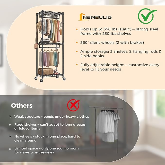 NEWBULIG Heavy Duty Adjustable Clothes Rack with Wheels, Adjustable Rolling Metal Freestanding Garment Closet Organizer with Double Rods & 2 Side Hooks for Hanging Clothes, 23" x 15" x 75", Black