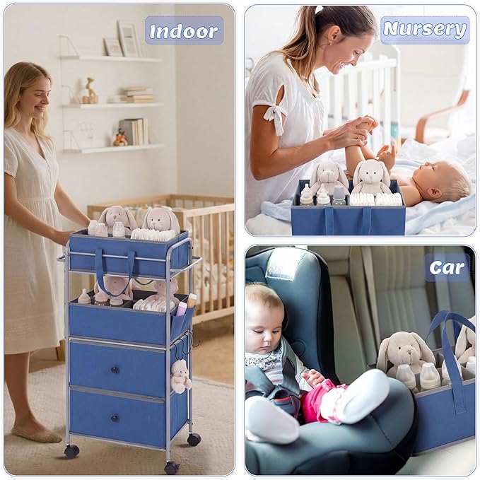 FoldTier 3In1 Baby Diaper Caddy Organizer Cart 4 Tier Large Capacity Metal Utility Bedside Rolling Cart with Divider Newborn Registry Nursery Essential Must Have Bedroom Gift Baby Shower (Blue)