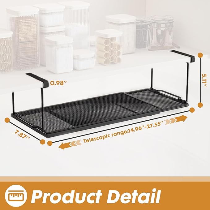 PowerKing Expandable Under Cabinet Shelf, Adjustable Length Under Shelf Storage with Thick Clips 10lbs Capacity for Kitchen, Laundry, Shoe, Under Office Desk & Wardrobe Partition (Black, 5.11''H)