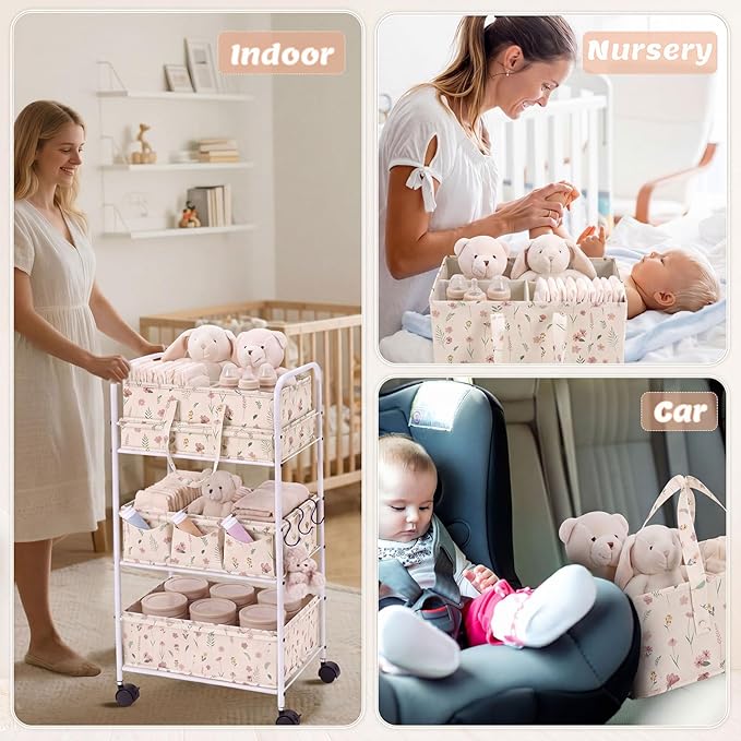 Yookeer 2in1 Baby Diaper Caddy Organizer Cart 3 Tier Large Capacity Metal Utility Bedside Rolling Cart with Divider Newborn Registry Gift Nursery Essential Must Have Bedroom Baby Shower(White,Flowers)