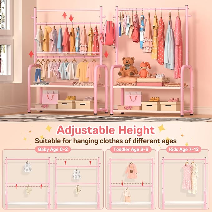 Kids Clothing Rack with 2-Layer Storage Shelf and 2 Adjustable Hanging Rods, Dress Up Rack for Hanging Clothes,Dress up Storage for Baby Toddle Kids(Classic, Pink)