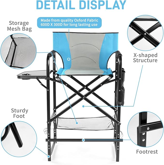 Outvita 2 Piece 31" Tall Directors Chair Height Seat Folding with Side Table Storage Bag, Support for 300Lbs Portable Makeup Artist Chair with Bar Height(Blue/Black)