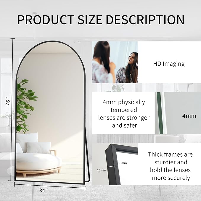 Beauty4U Arched Full Length Mirror 76" x 34", Black Large Full Body Mirror with Stand, Floor Standing & Wall Mounted HD Tempered Glass Dressing Mirror for Bedroom, Living Room, Entryway