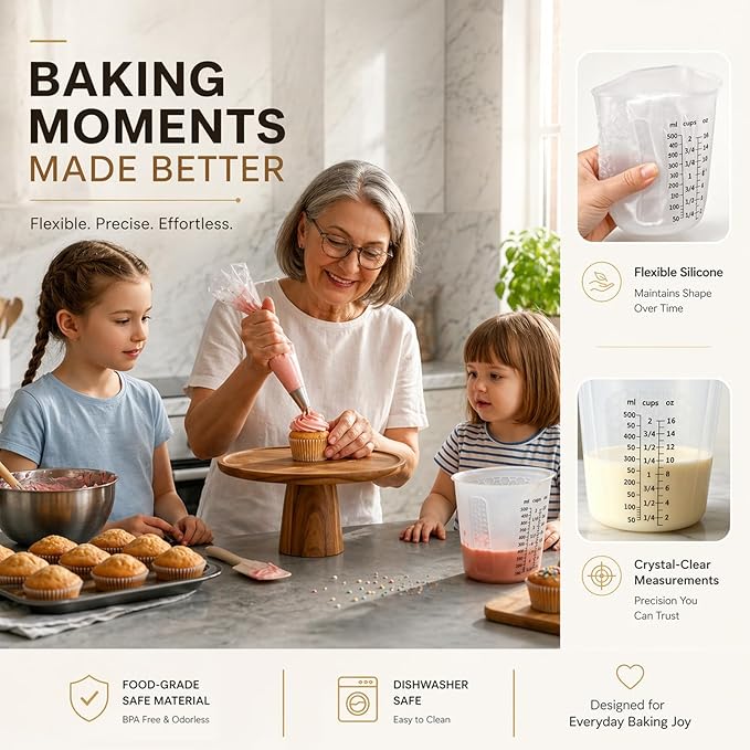 Palksky Silicone Measuring Cups Set (1-Cup & 2-Cup & 4-Cup) with Jar Spatula, Microwave Safe, Honeycomb Heat-Control Grip, Easy-Read Liquid Measuring for Baking, Cooking & Chocolate Melting